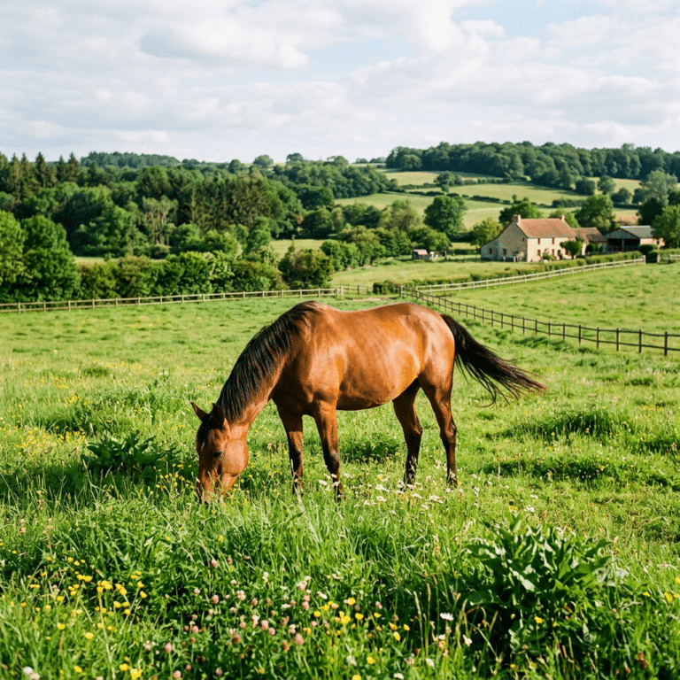 Chestnut horse grazing in a wildflower meadow beside a rural farmhouse