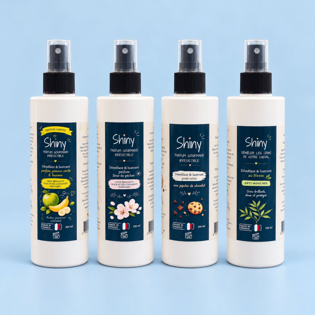 Coffret Shiny de quatre flacons de 250 ml sur fond bleu : pomme et banane, fleur de pêcher, pépites de chocolat et neem.